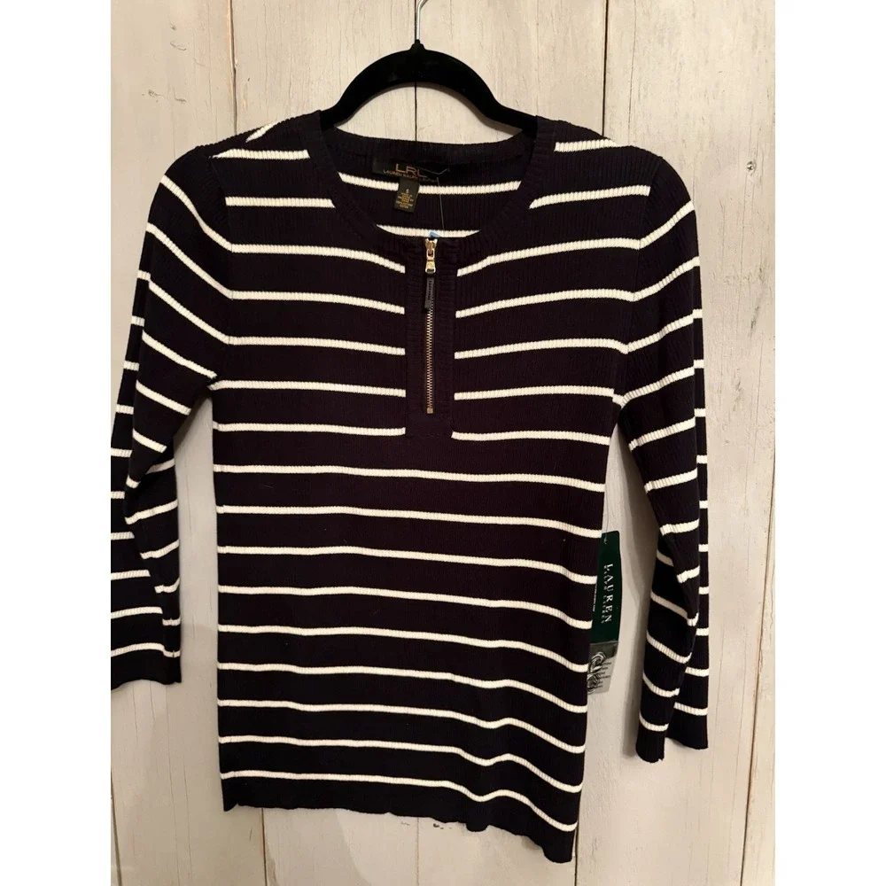 Lauren Ralph Lauren S Black & white Stripe zipper Sweater Nautical new - Picture 2 of 8